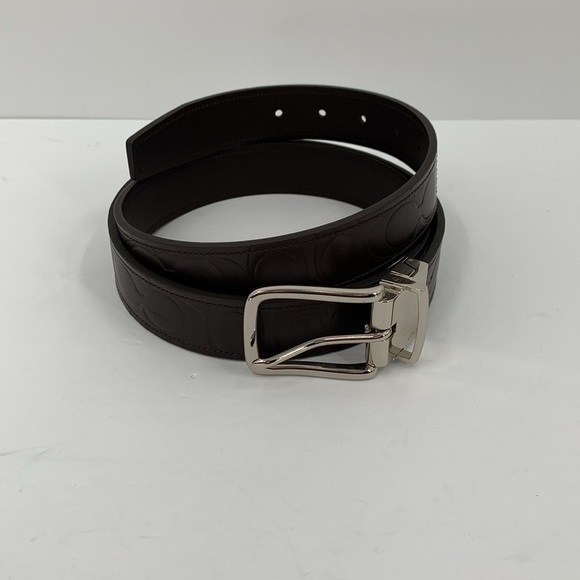 Coach reversible men belt embossed CC logo brown leather smooth adjustable new